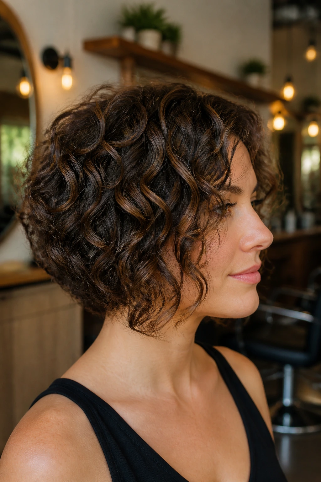 Portrait of a real person with a stacked curly bob showing back lift and chin-length front pieces
