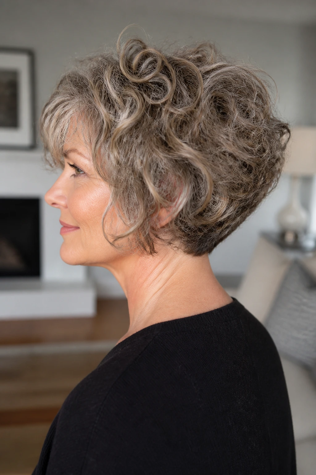 Close-up of a real woman with a stacked curly bob showing crown lift