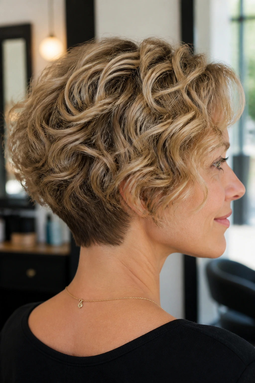 Close-up portrait of a real person with a stacked curly bob and nape tapering.