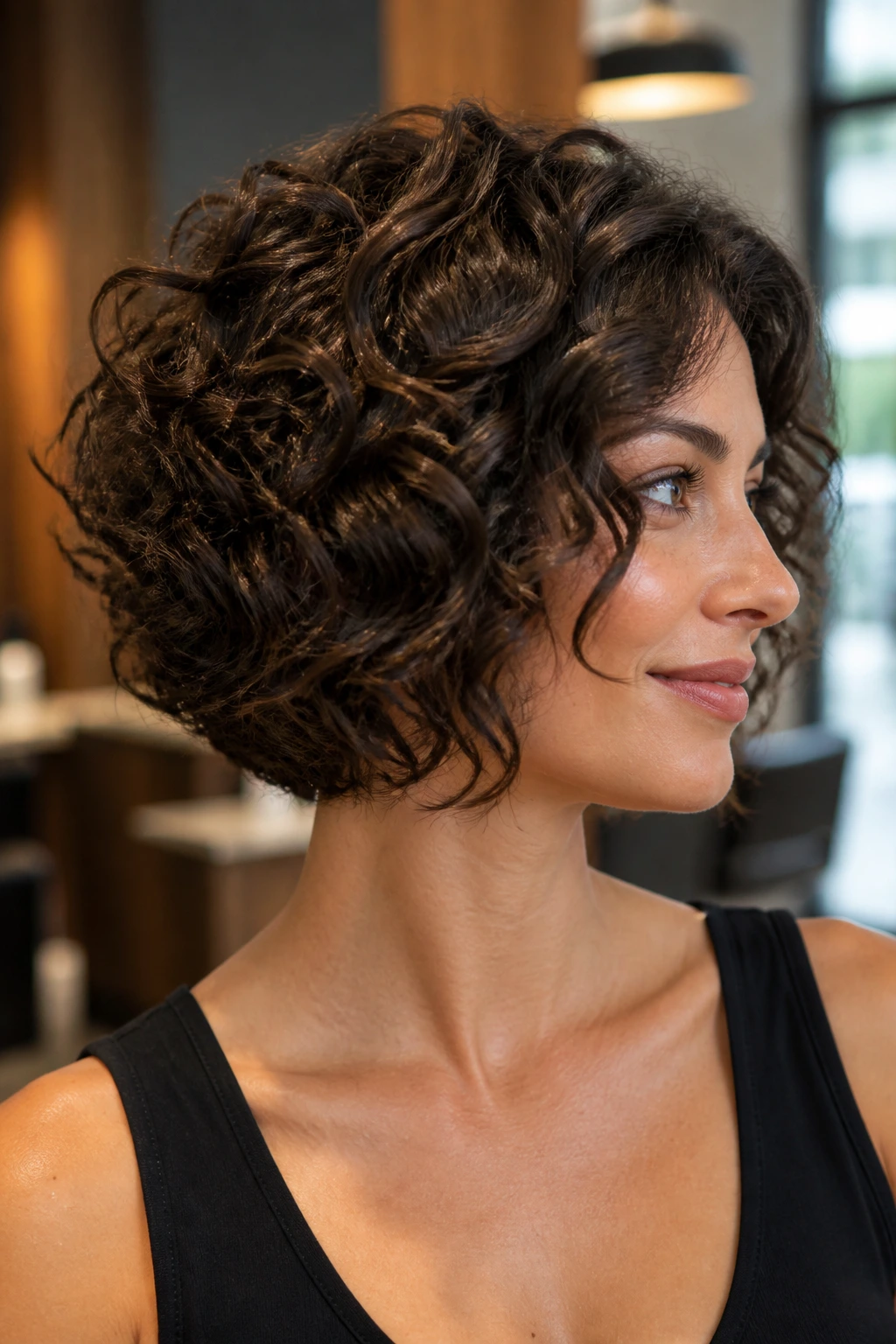 Portrait of a woman with a stacked curly bob in a warm salon