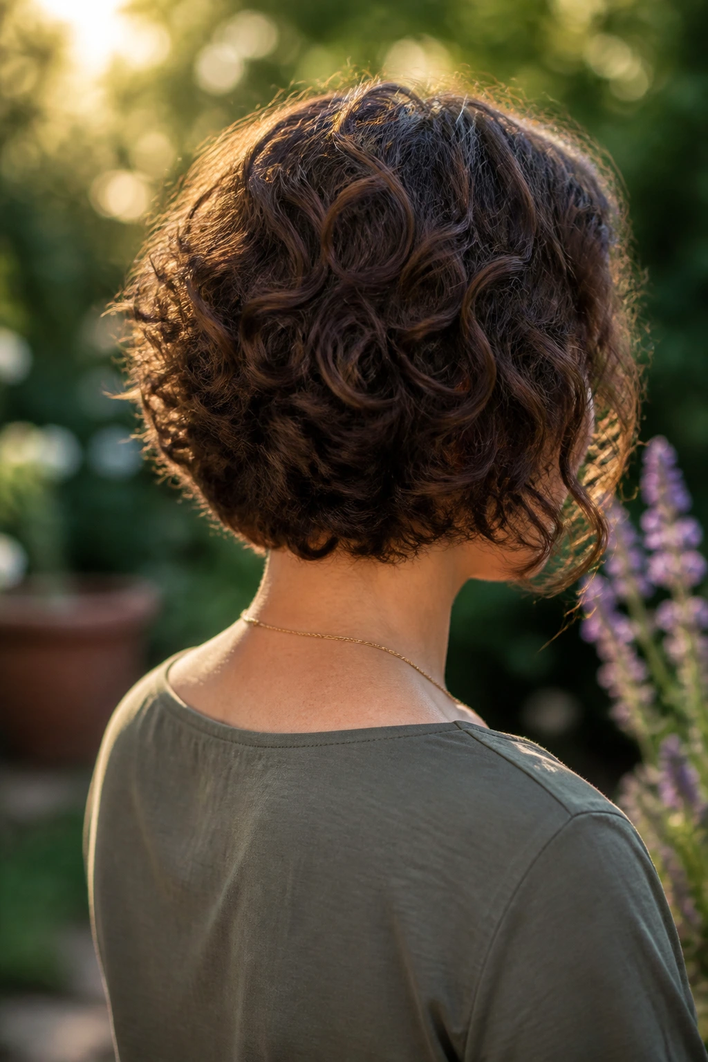 Rear three-quarter portrait of a real woman with a stacked curly bob, showing back layers lifting the crown.