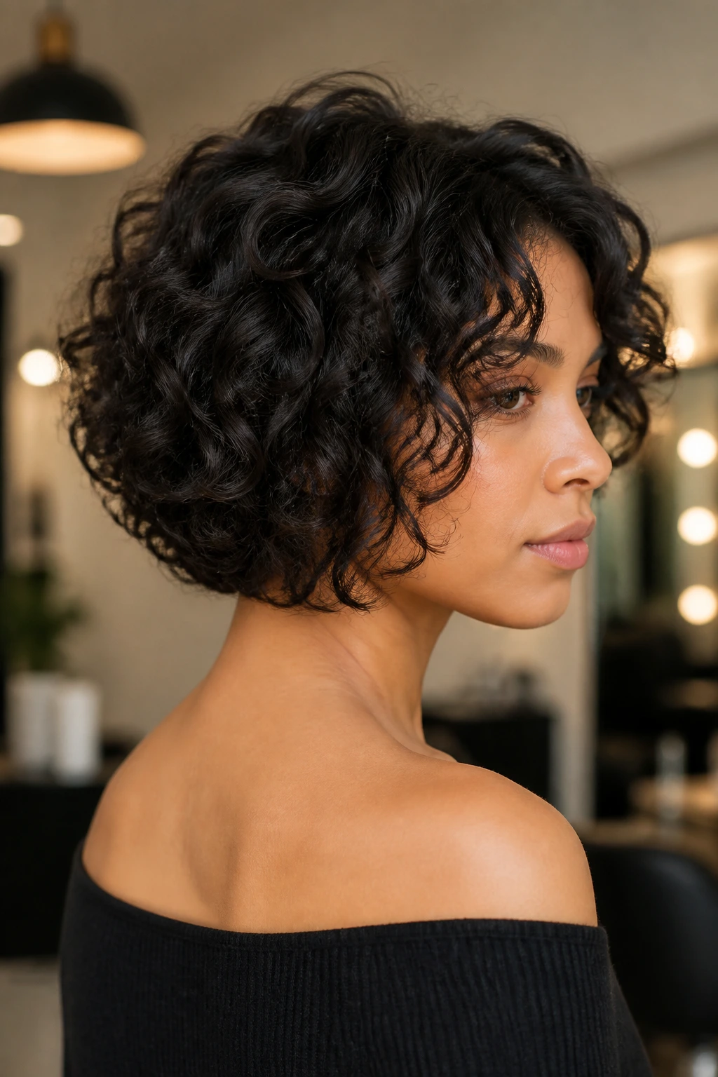 Portrait of a real woman with a stacked curly bob showing back stacking and front length