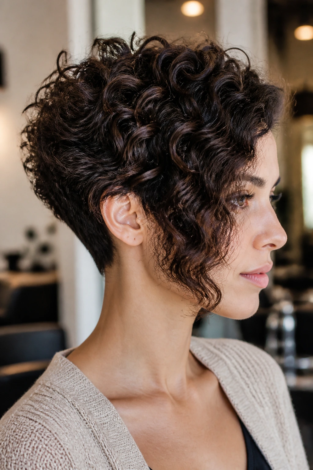 Close-up of a woman with stacked back curly bob and a slanted front.