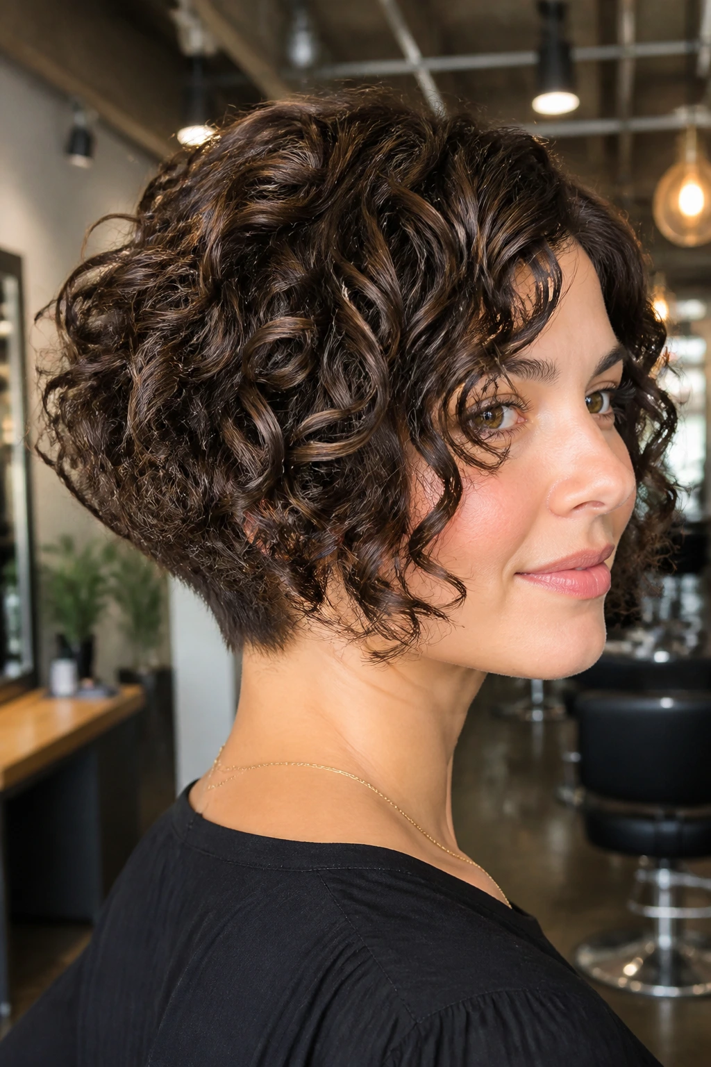 Close-up of stacked curly bob with tapered back on a real person.