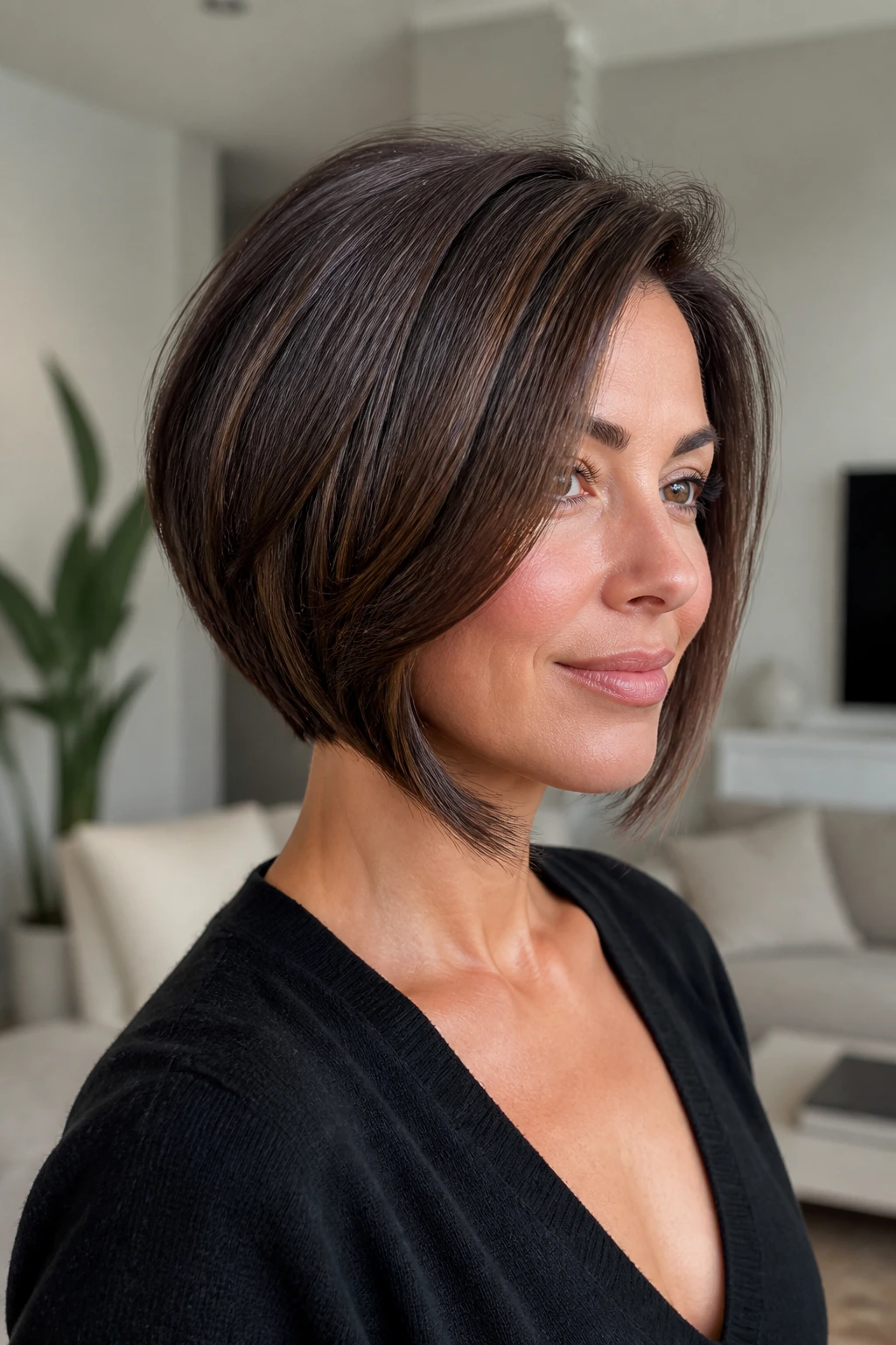 Portrait of a real woman with a stacked-front bob and minimal back layers showing front lift