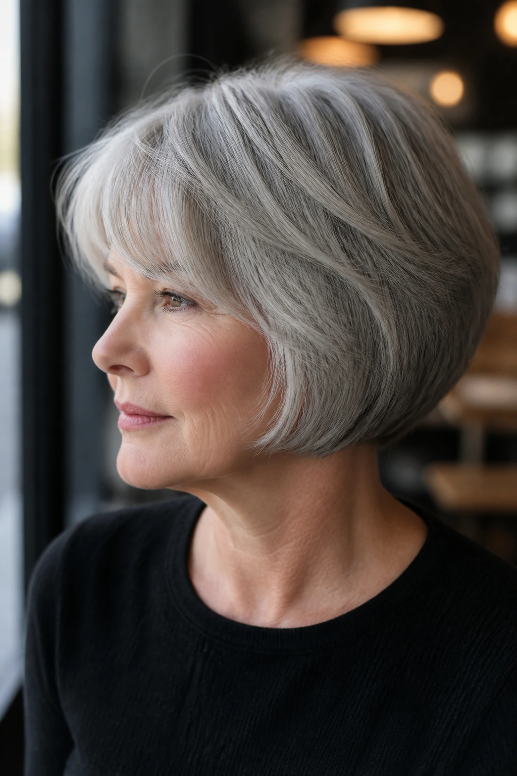 Close-up portrait of a real woman with a stacked grey bob and feathered fringe in natural light