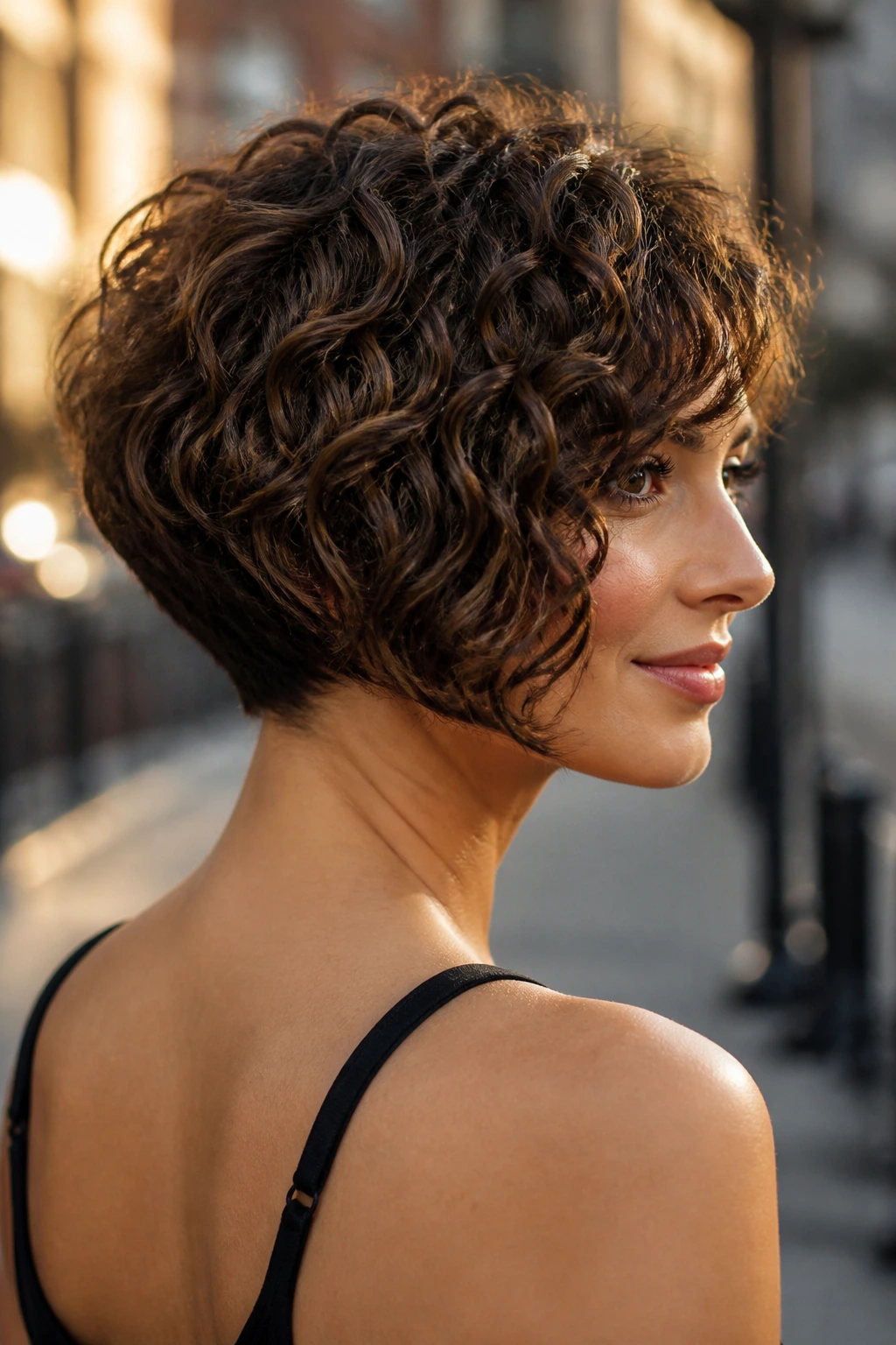 Three-quarter portrait of a woman with a stacked inverted bob showing back lift.
