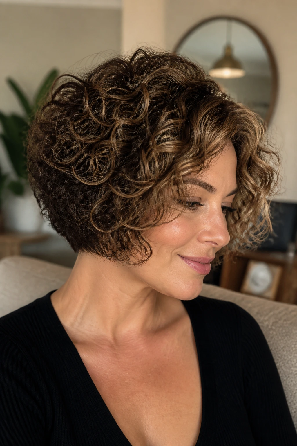 Close-up of a real woman with a well-defined stacked inverted bob and babylights