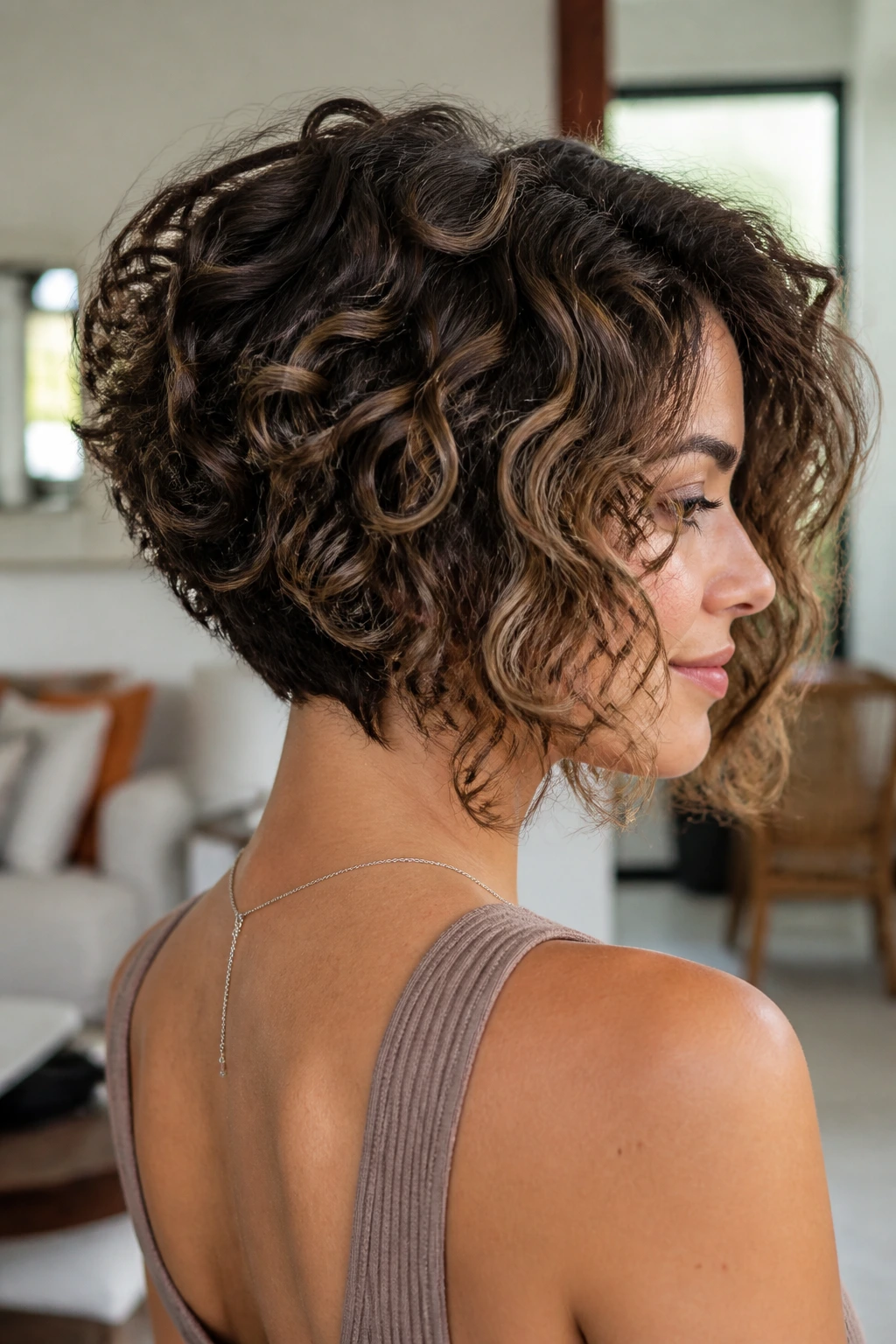 Portrait showing stacked inverted bob with babylights on a real person