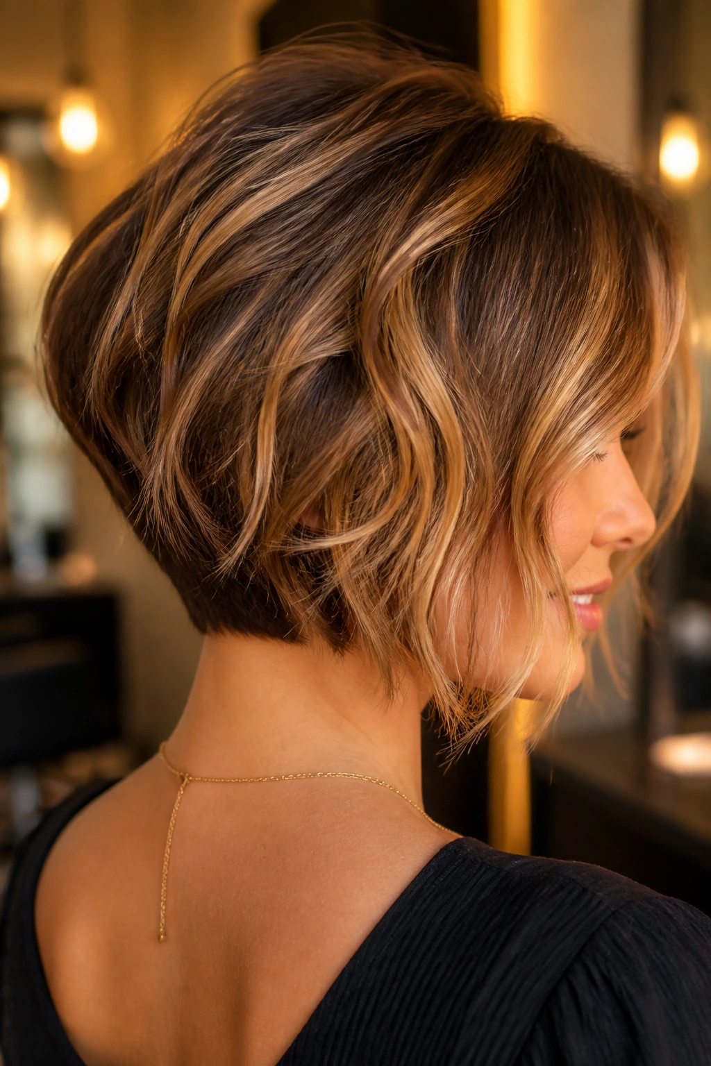 Real woman with stacked inverted bob and caramel veils in a warm salon