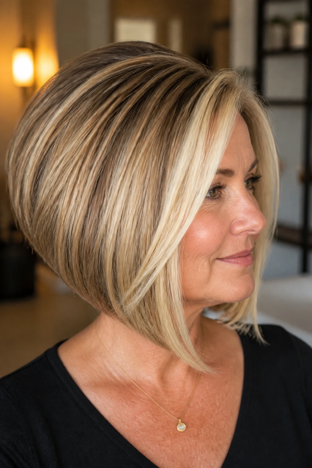 Portrait of a woman with a stacked inverted bob and champagne ribbons.