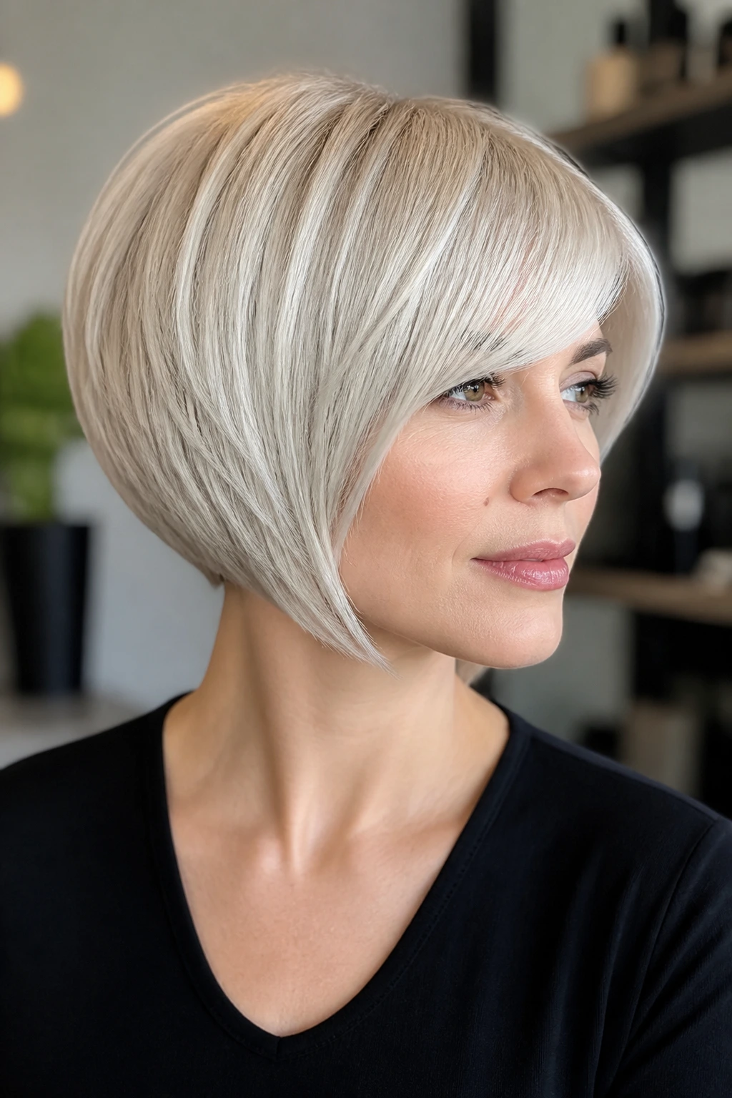 Close-up of a real woman with stacked inverted bob and smooth fringe, platinum hair