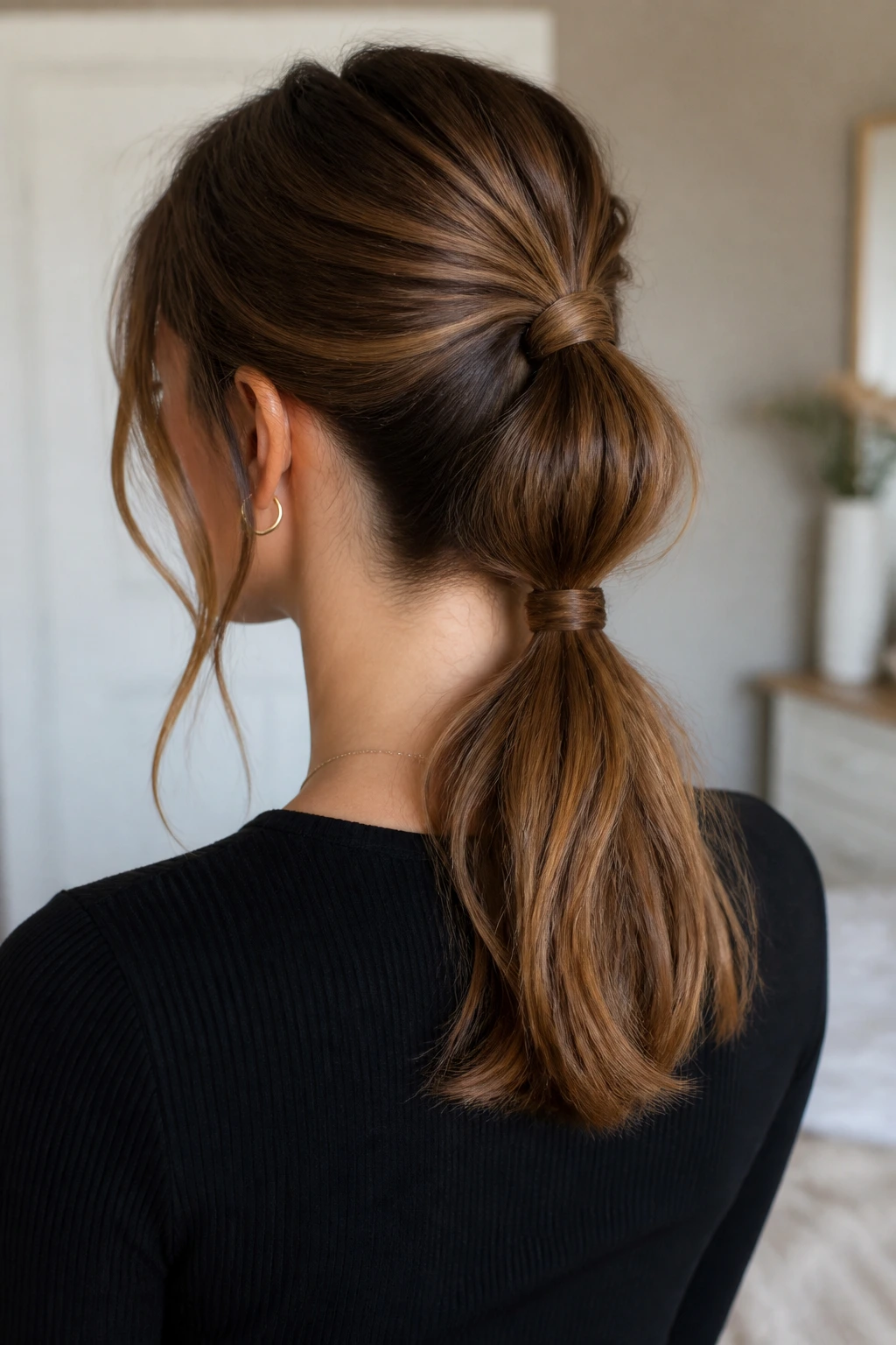 Rear view of a woman showing a stacked-length ponytail