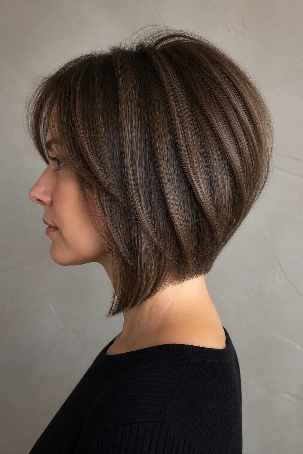 Profile portrait showing stacked lob with soft back lift.