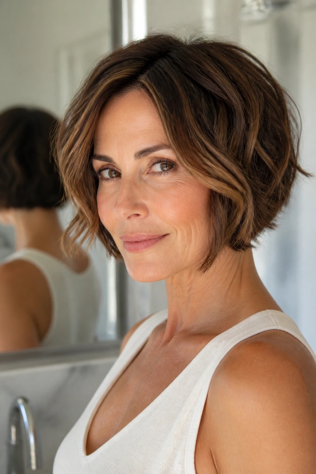Portrait of a woman with a stacked mini bob in soft daylight