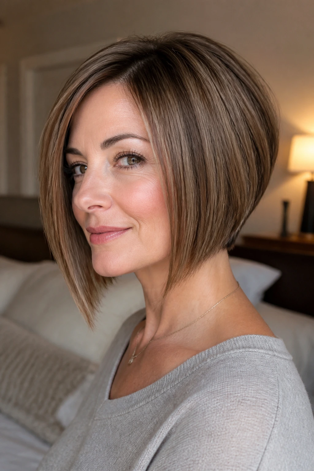 Portrait of a woman with a slightly stacked nape A-line bob in a cozy bedroom setting.
