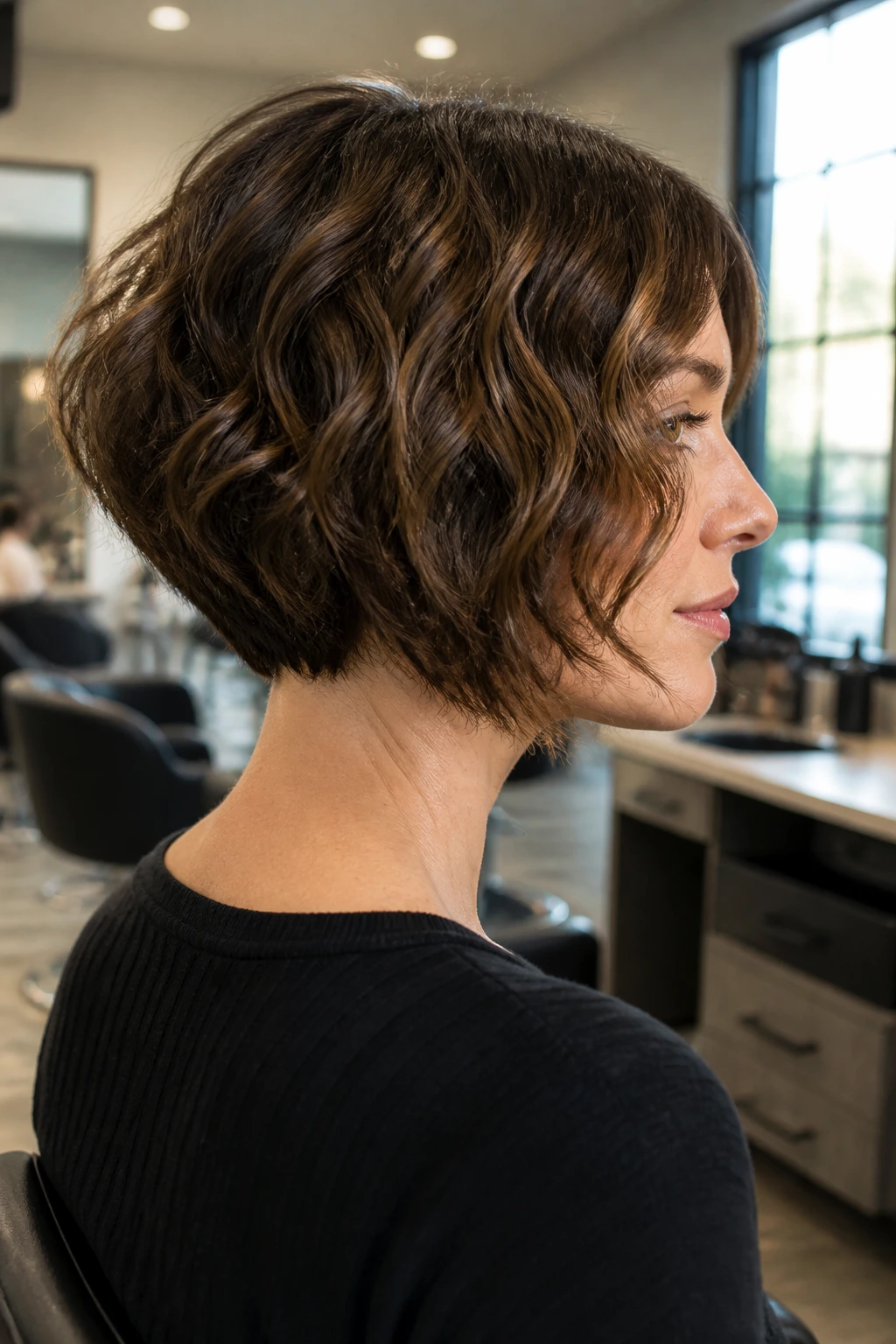 Close-up of a real woman with a stacked nape bob