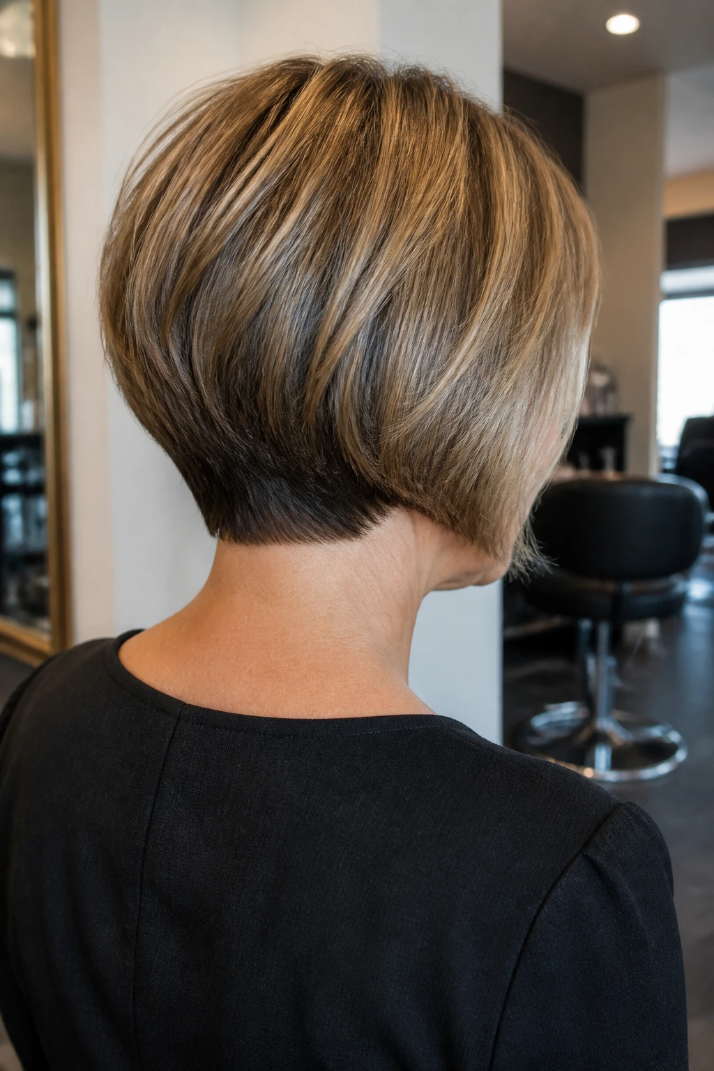 Back-view of stacked nape bob on real woman