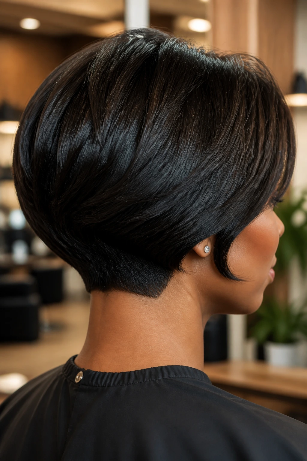 Back view of a real woman with a stacked nape bob showing crown lift.