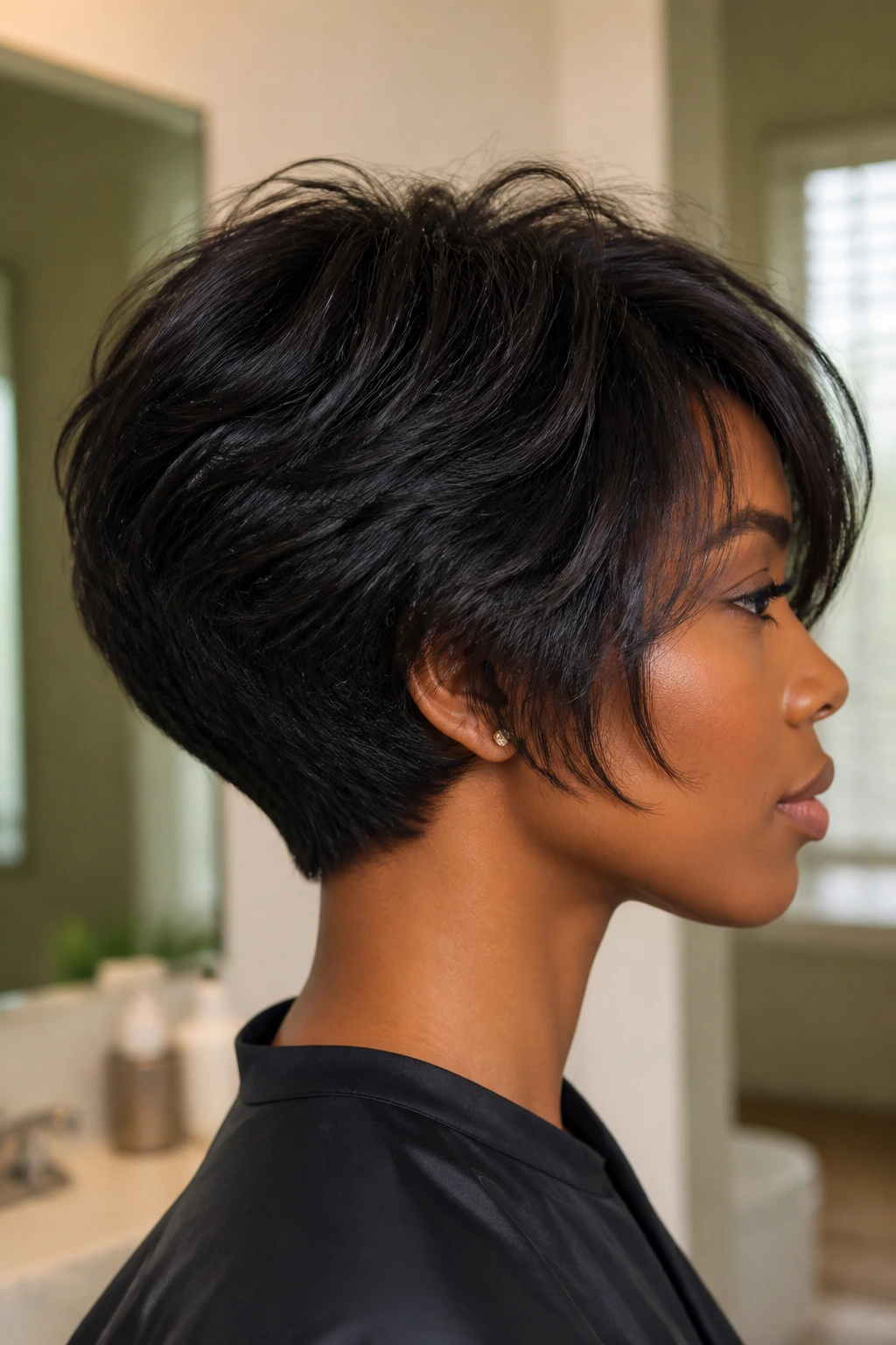 Profile of a real woman with stacked nape bob and airy crown.