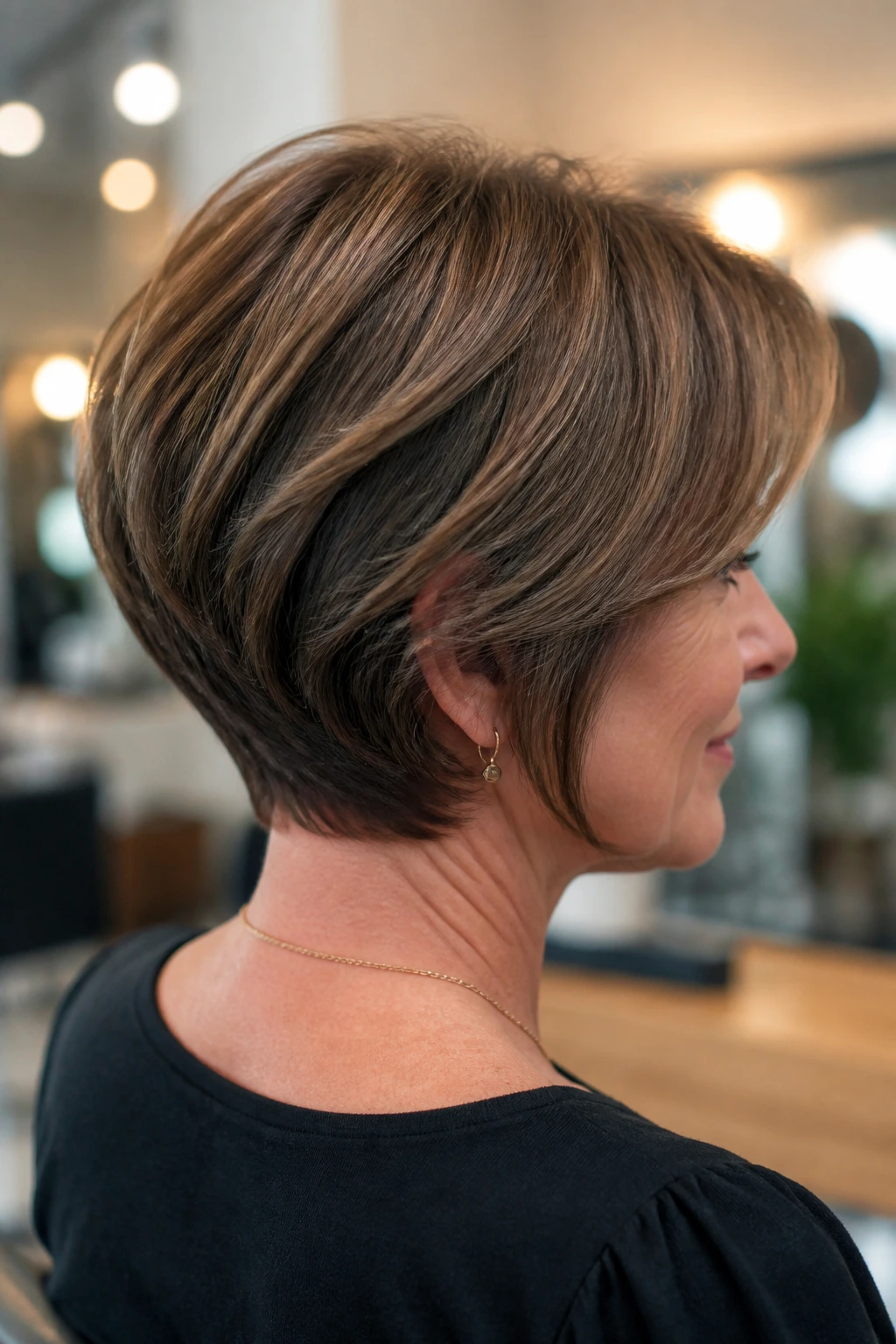 Side-profile of a woman with stacked nape bob showing back layers