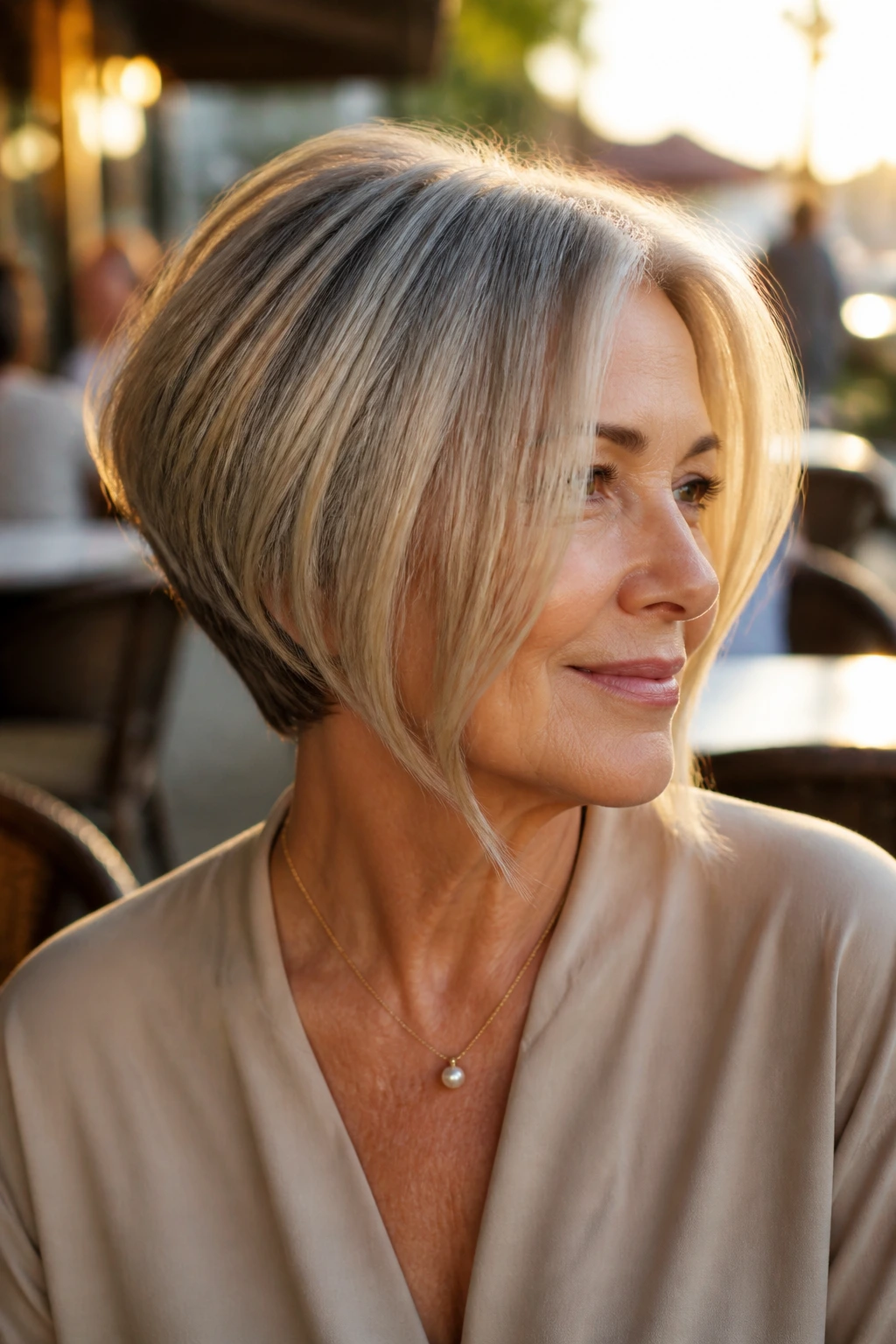 Close-up portrait of a real woman with stacked nape bob and long front pieces, golden hour light.