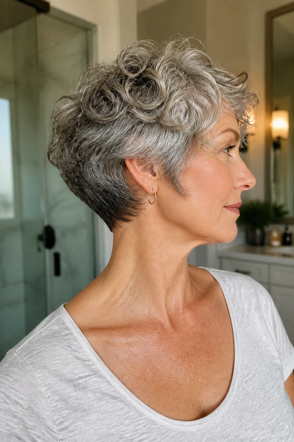 Close-up of woman with stacked nape bob pixie hairstyle under natural light