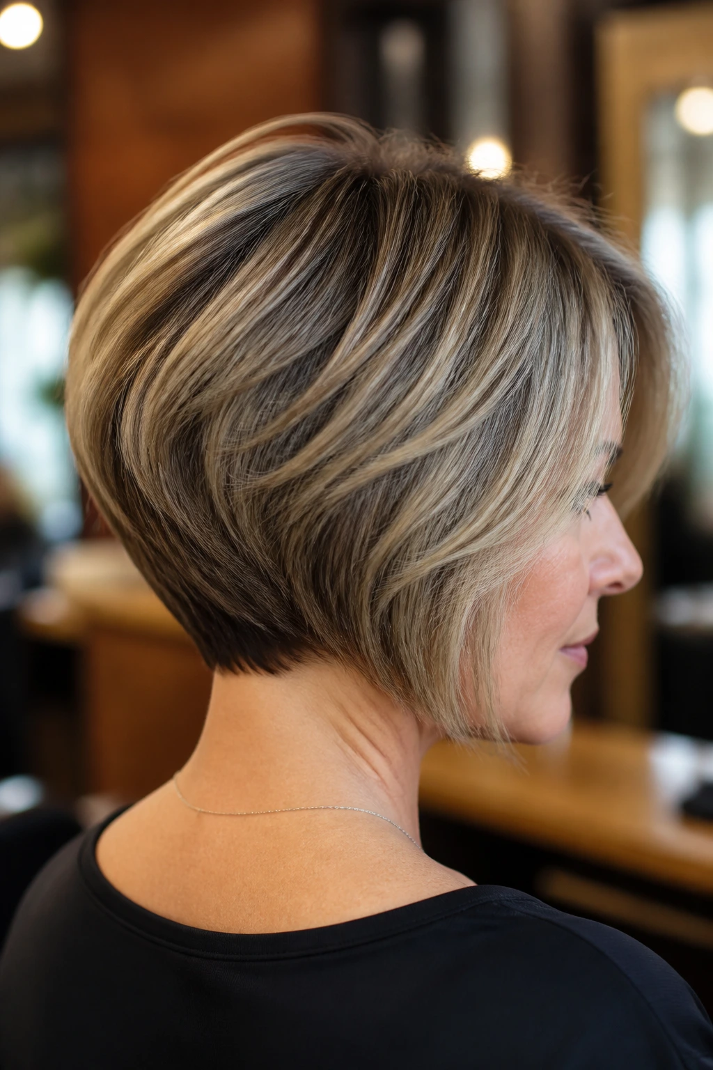 Portrait of a woman with a stacked nape bob showing back layers and lifted crown in salon.