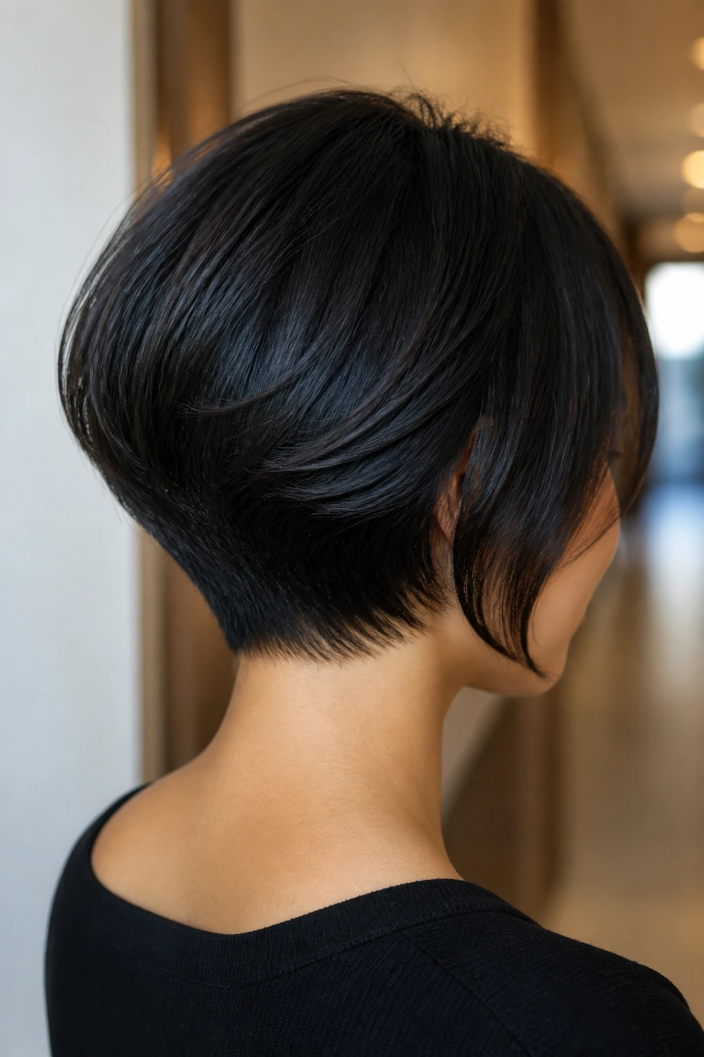 Rear three-quarter view of a woman with a stacked nape bob