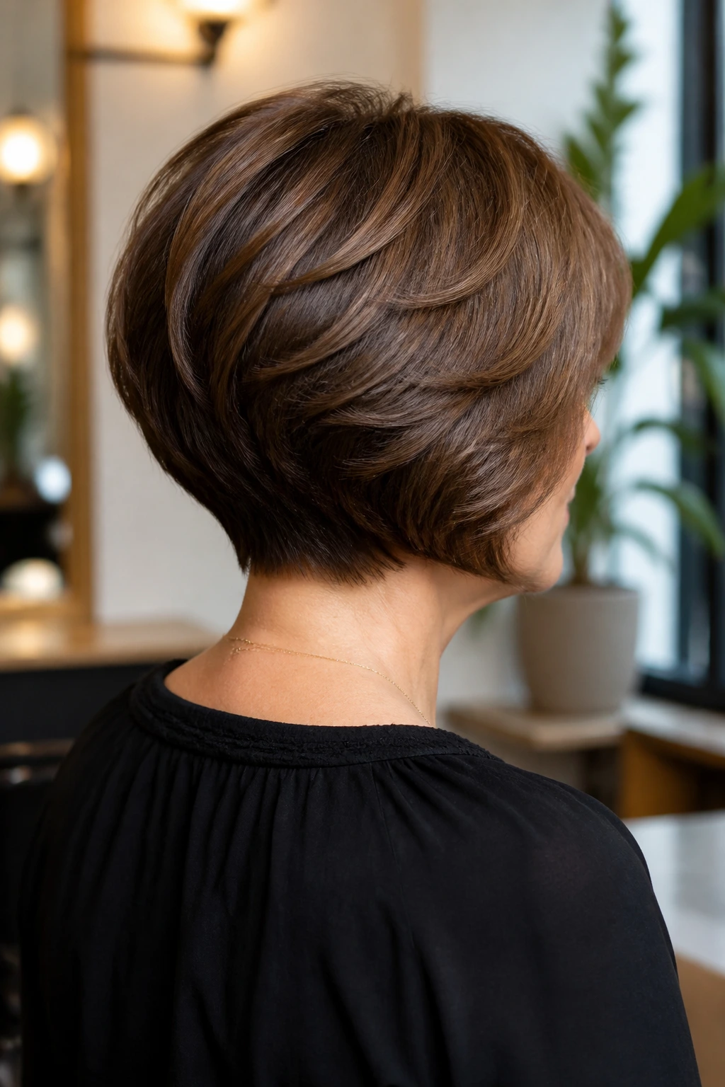 3/4 back view of a woman with stacked nape bob