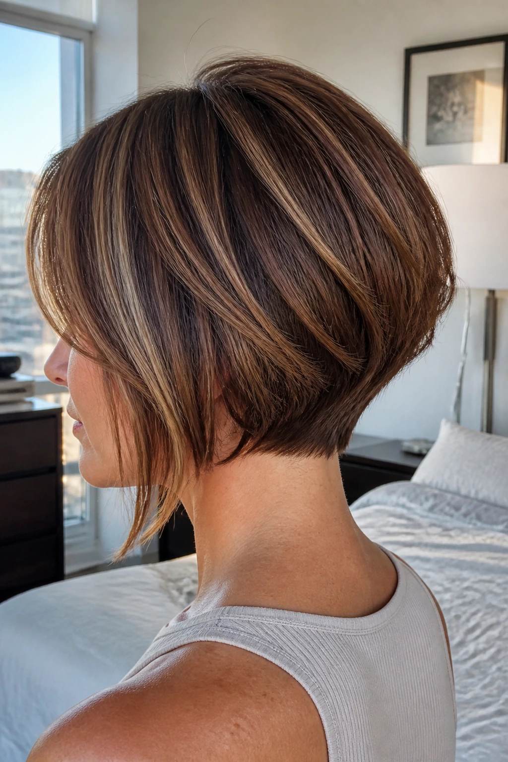 Portrait of a real person with a stacked nape bob, showing back nape stacking