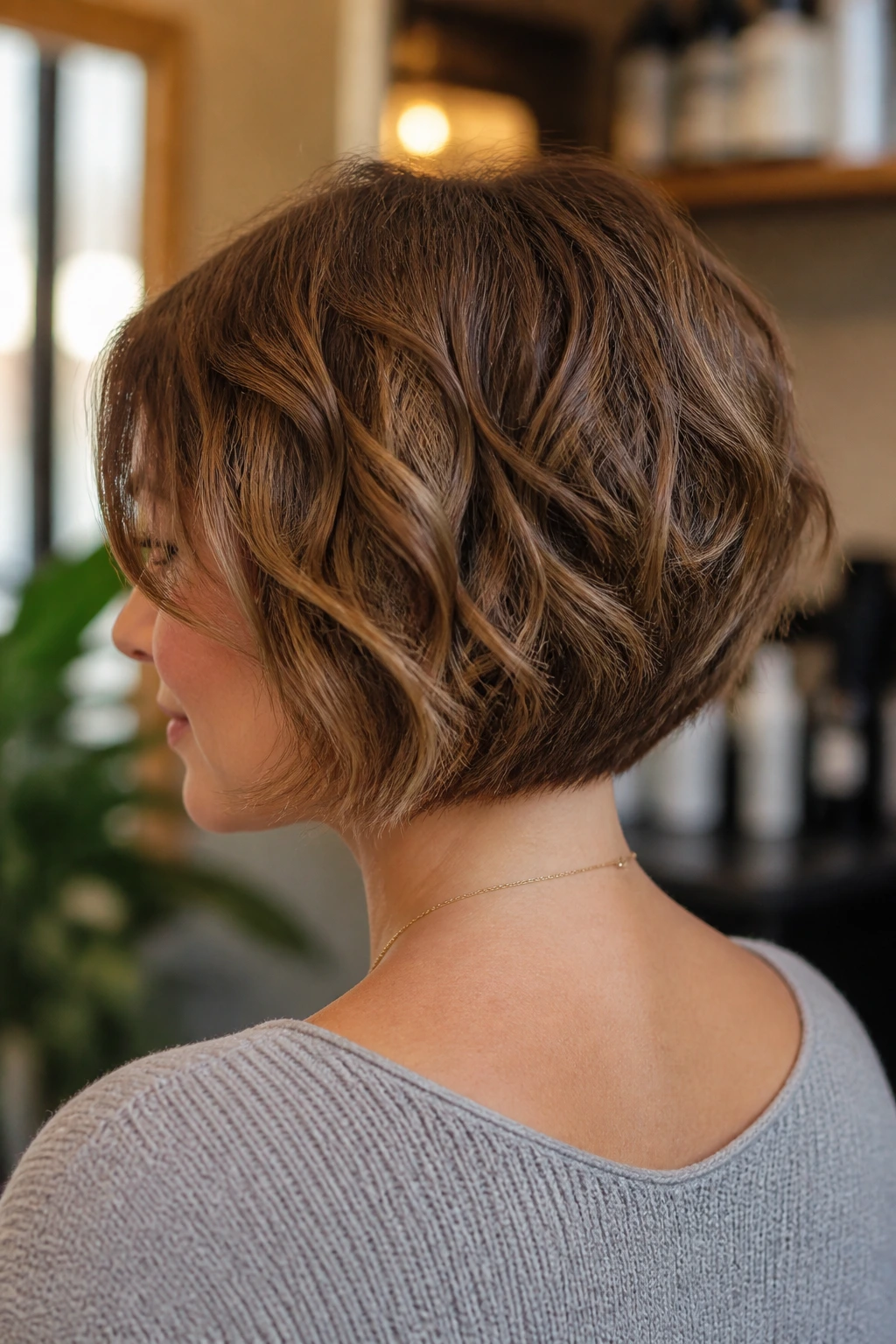 Close-up of a real woman with stacked nape bob showing nape stacking and soft front frame