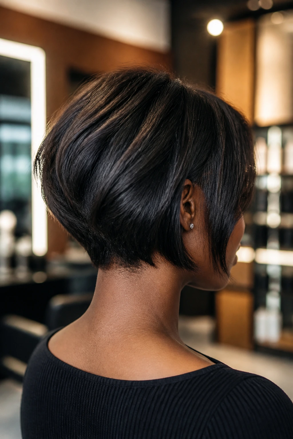 Rear view of woman with stacked nape lob showing back layers