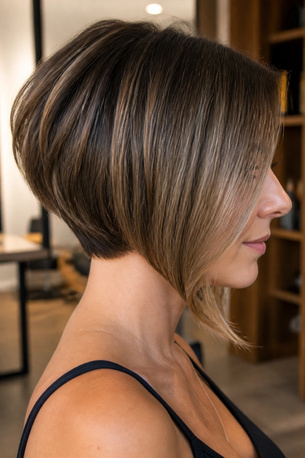 Real person with stacked nape inverted bob and long front sweep