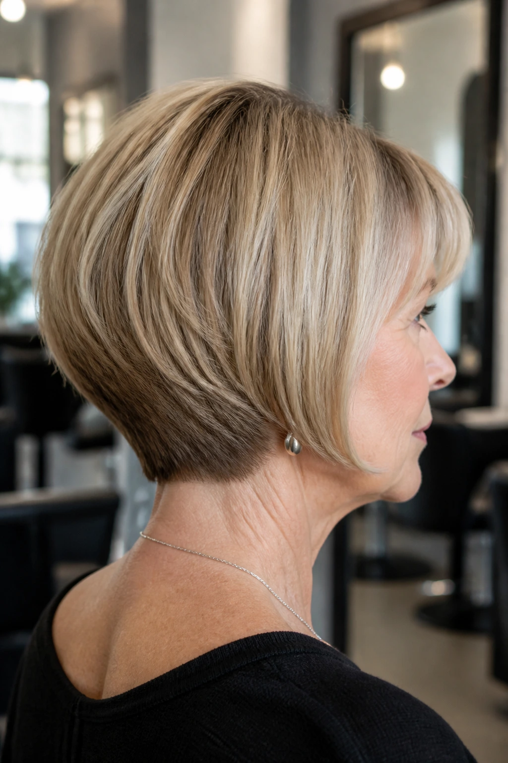 Close-up of a real woman showing stacked nape pageboy haircut.