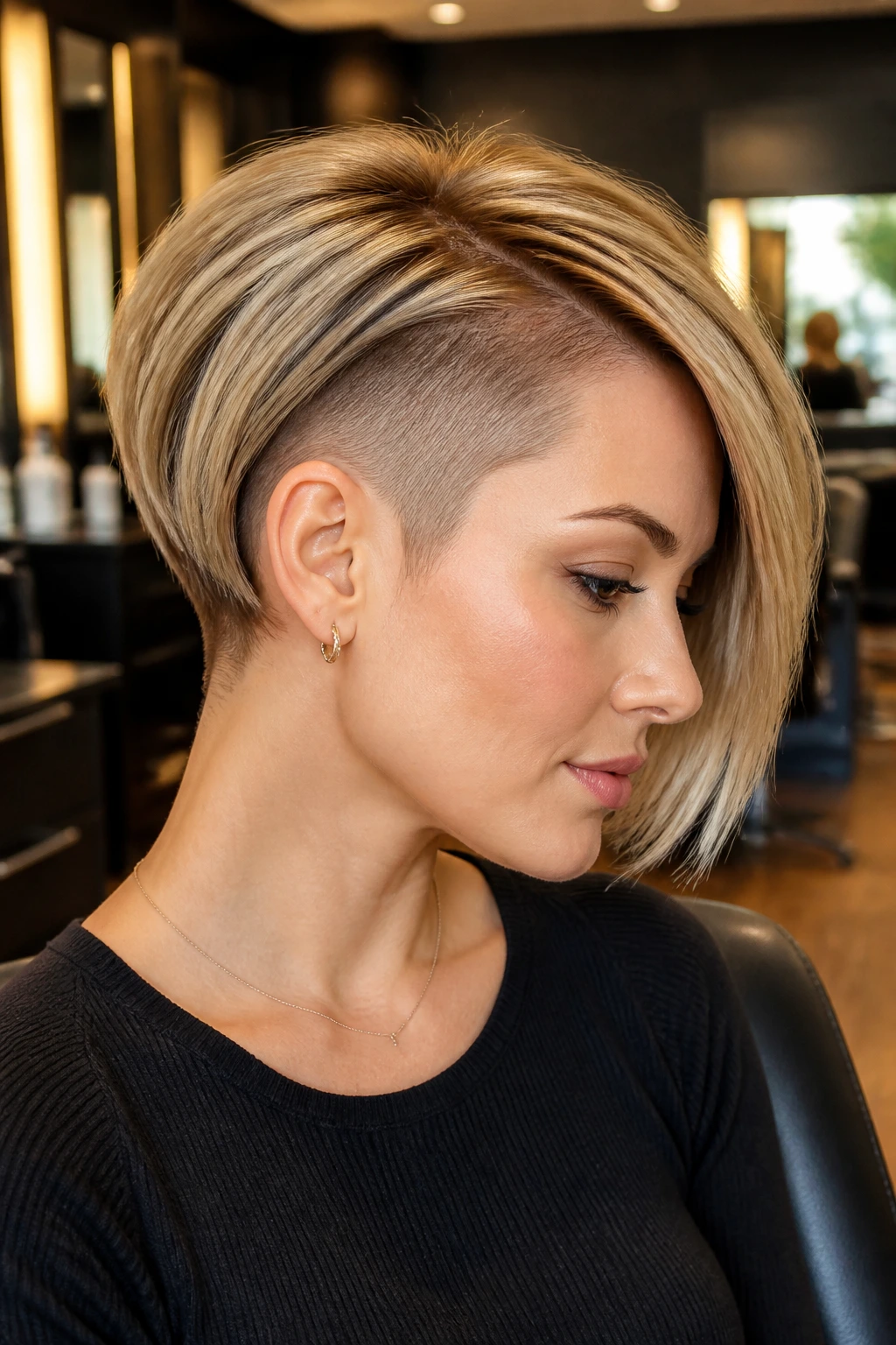 Portrait of a real woman with stacked nape shaved bob and front sweep