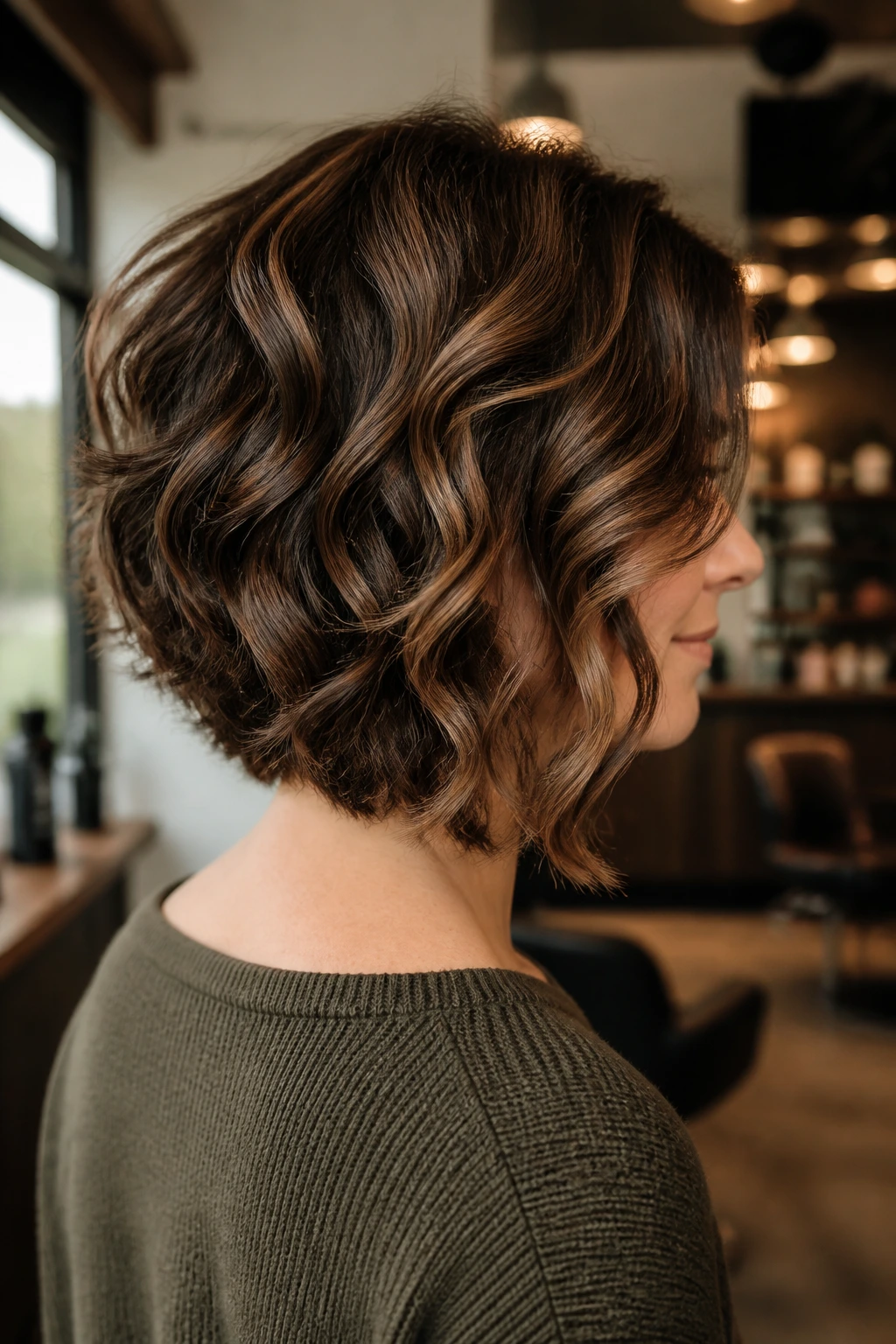 Close-up of a real woman with stacked nape and soft ends hairstyle in a warm salon