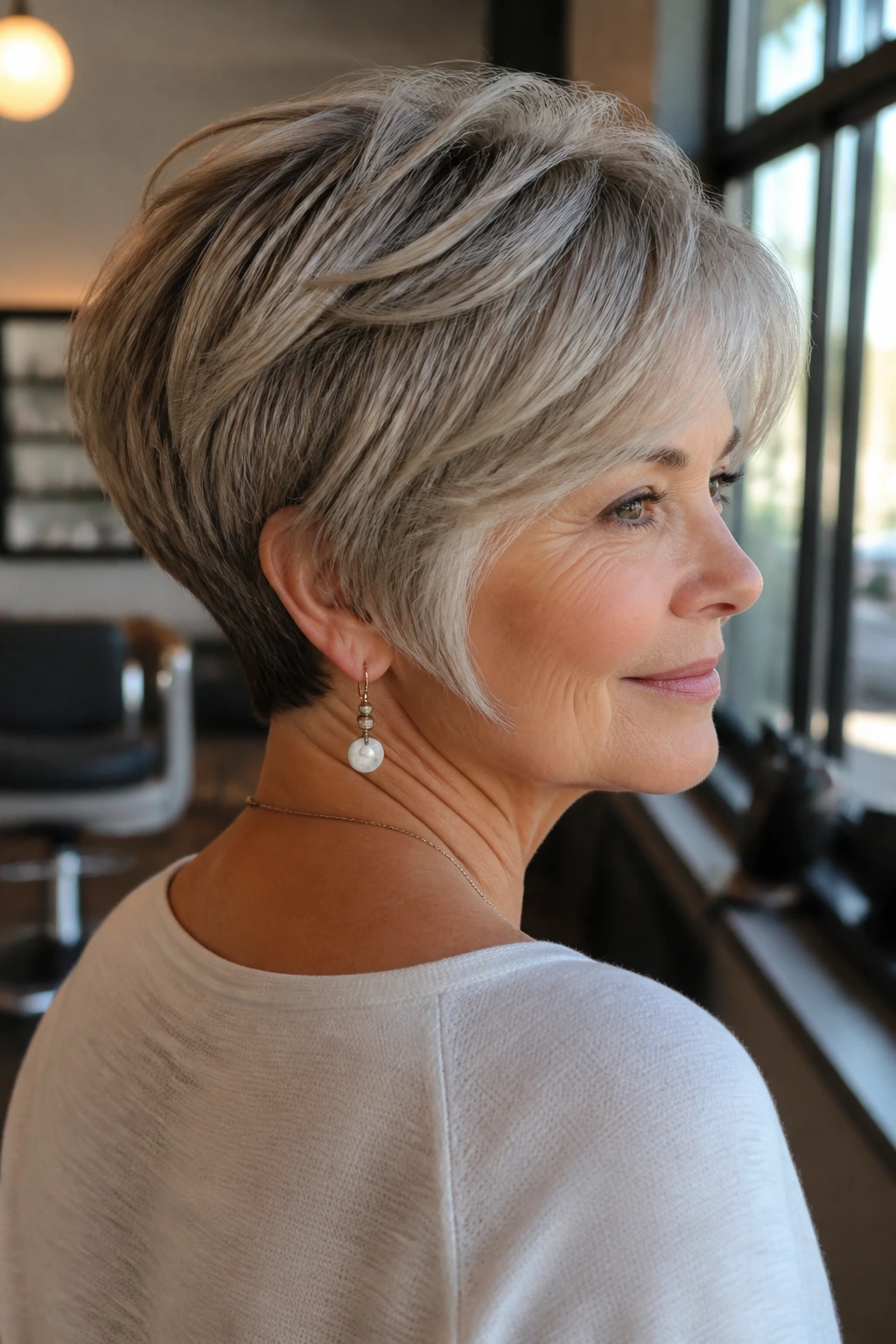 Close-up portrait of a real woman with stacked pixie-bob hairstyle highlighting crown lift and tucked nape