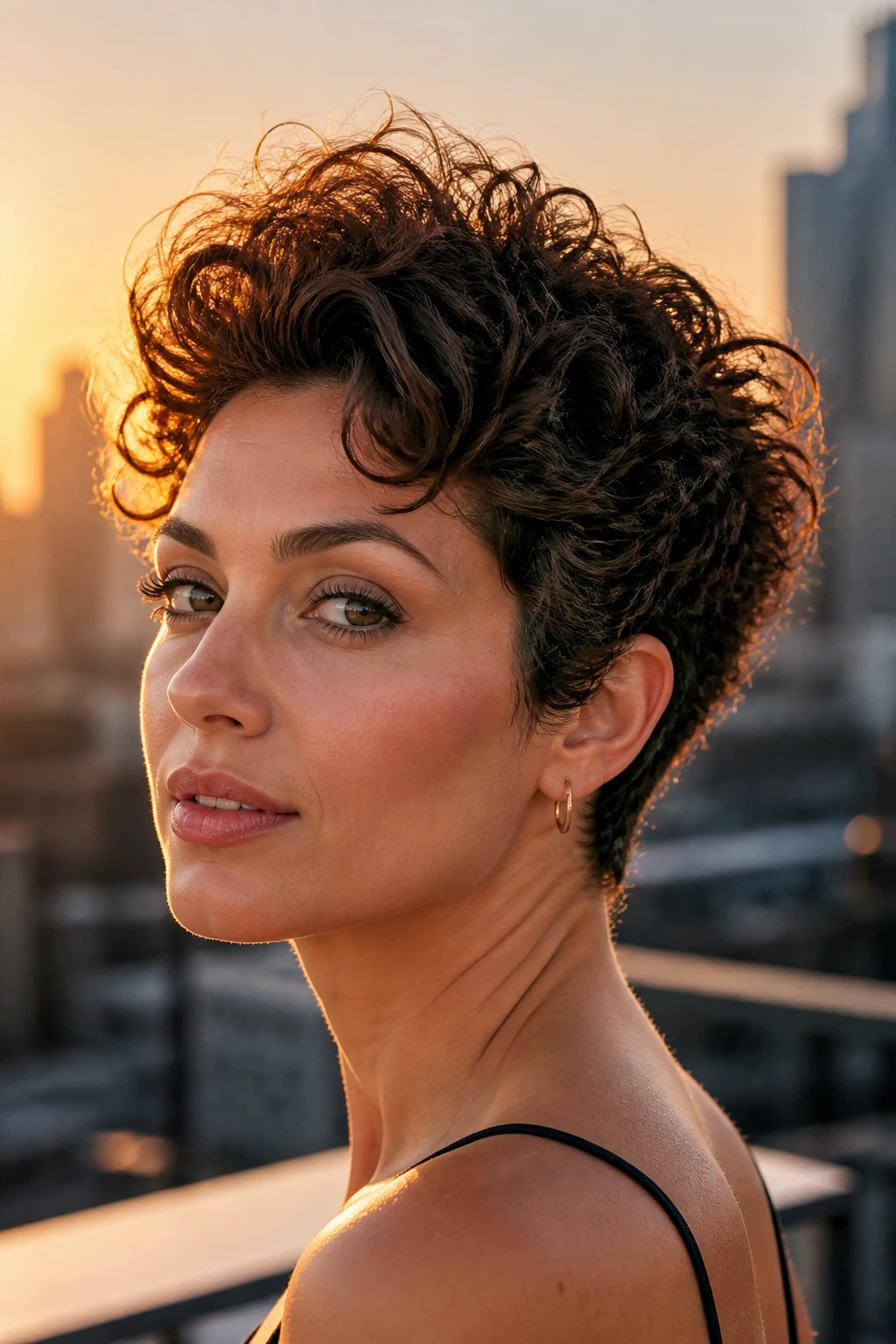 Portrait of a real person with stacked back curls and lifted crown at golden hour rooftop.