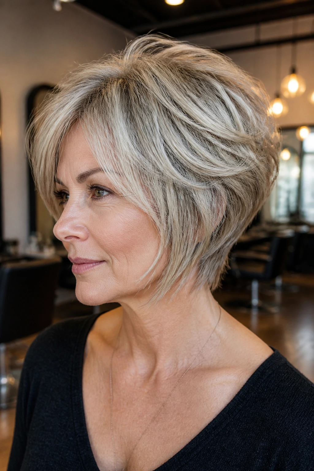 Three-quarter portrait showing stacked back of shag bob with lift