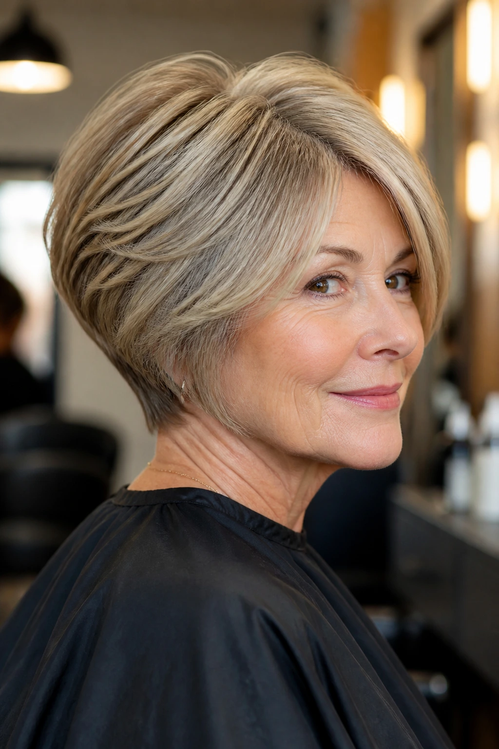 Real woman with classic stacked wedge hairstyle, three-quarter view
