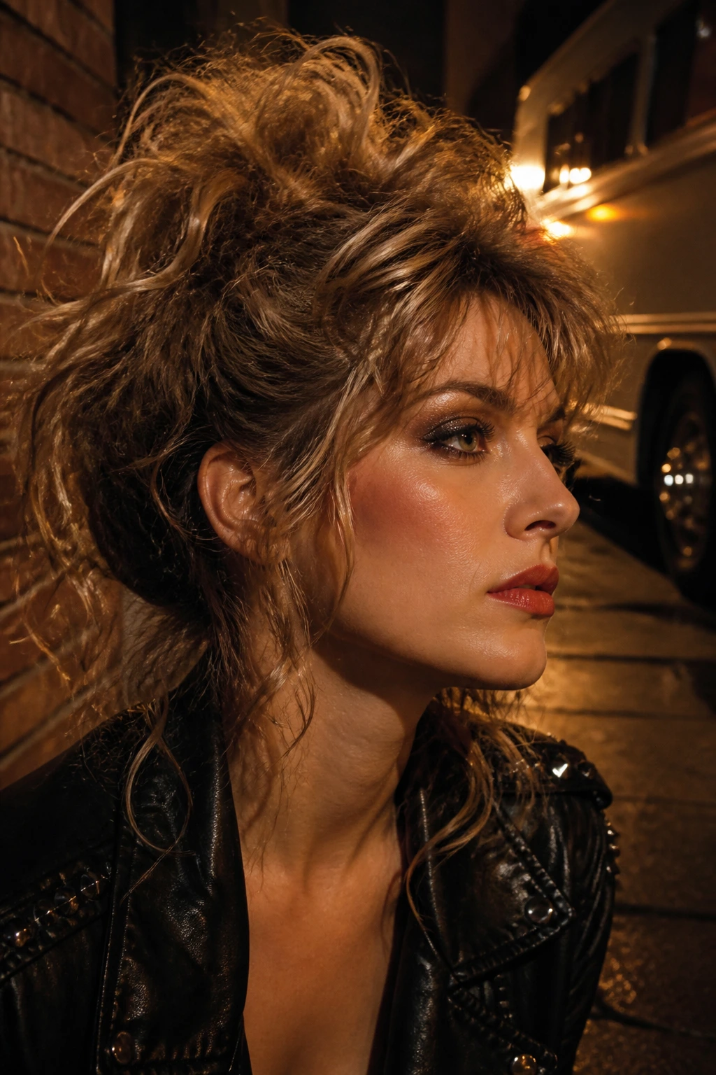 Close-up of a real woman with a textured stage updo in backstage lighting