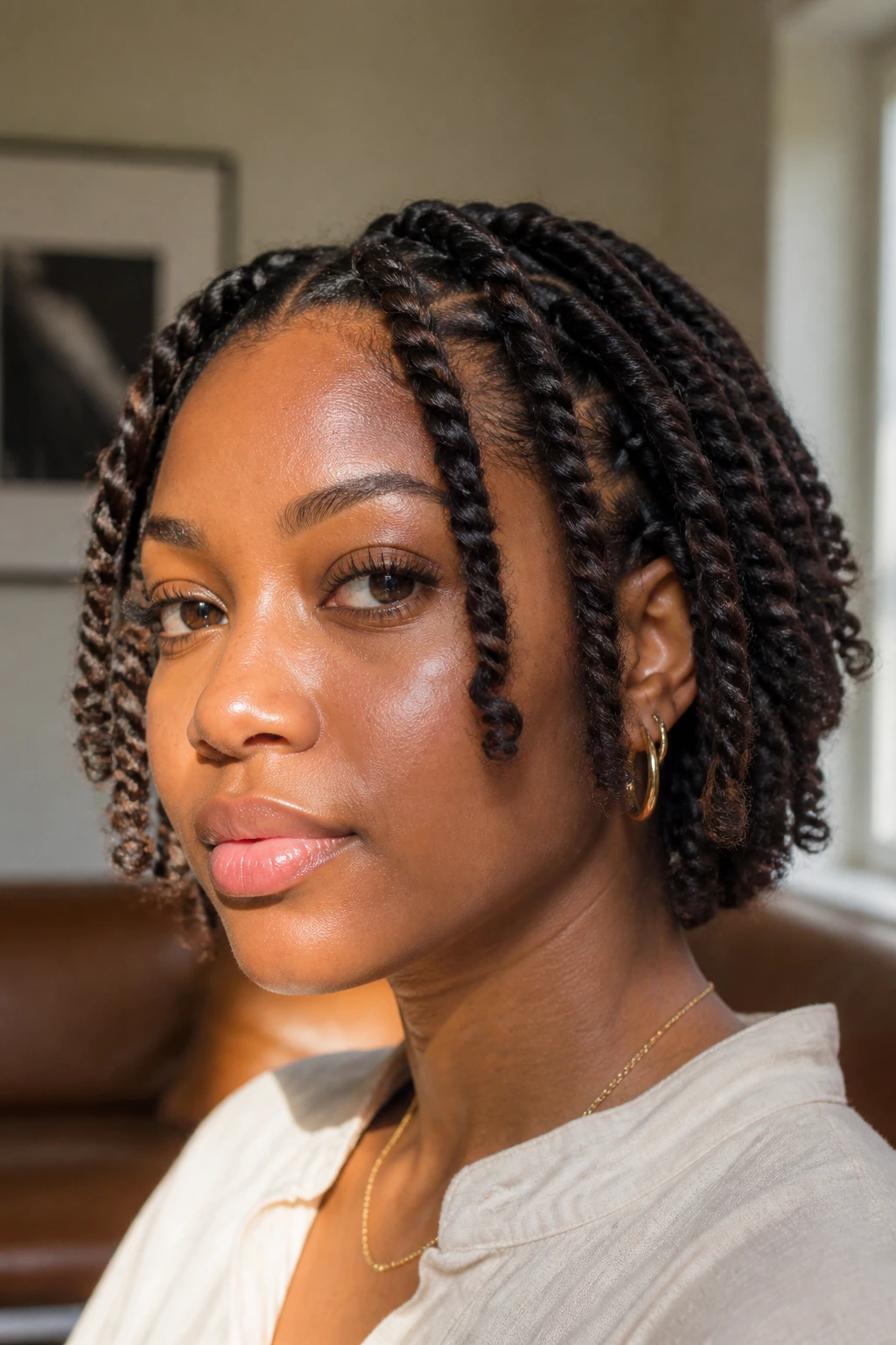 Close-up of a real woman with a starter loc bob and barrel twists