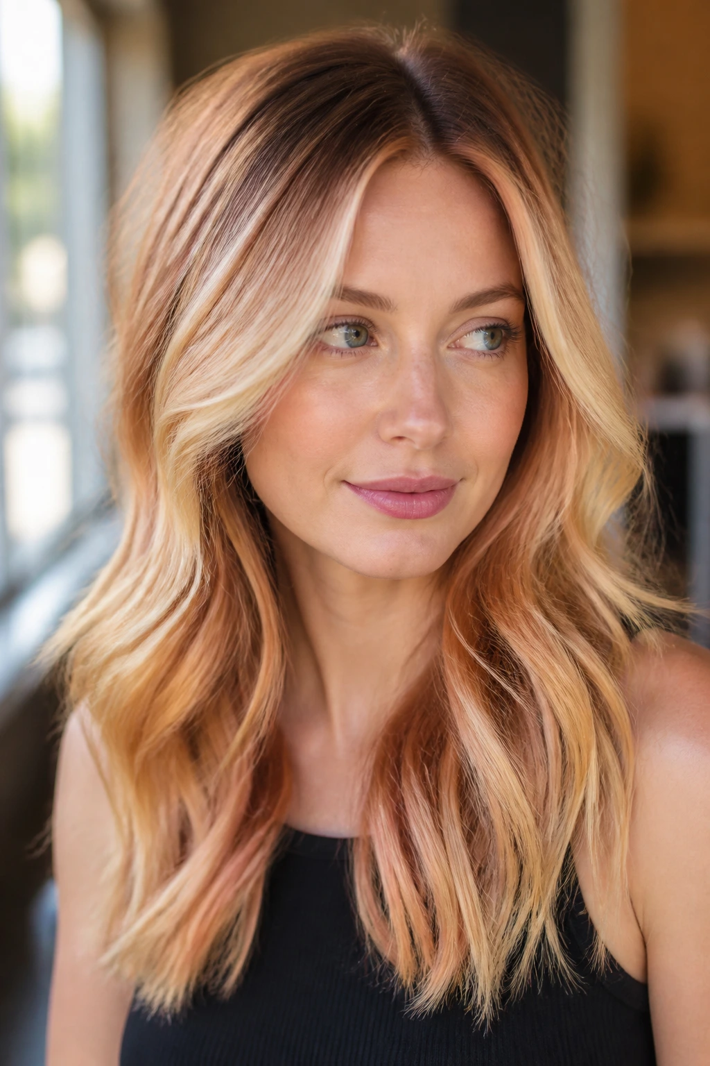 Portrait of a woman showing base starting color with balayage warm tones