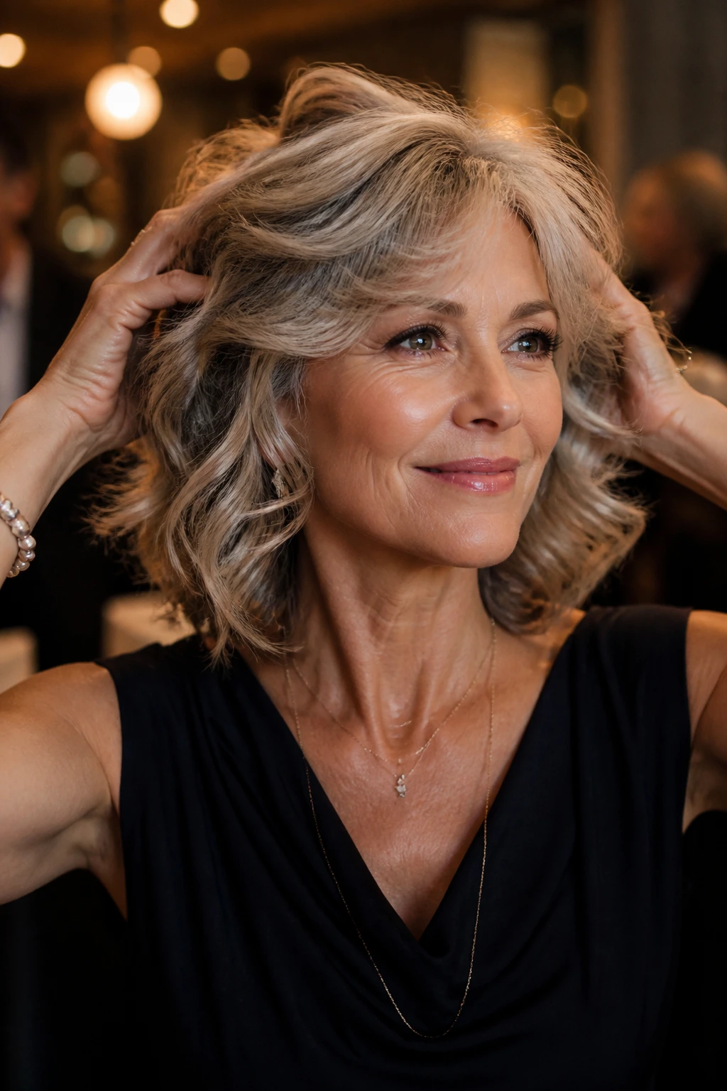 Woman at dinner keeps hairstyle in place with light touching hair
