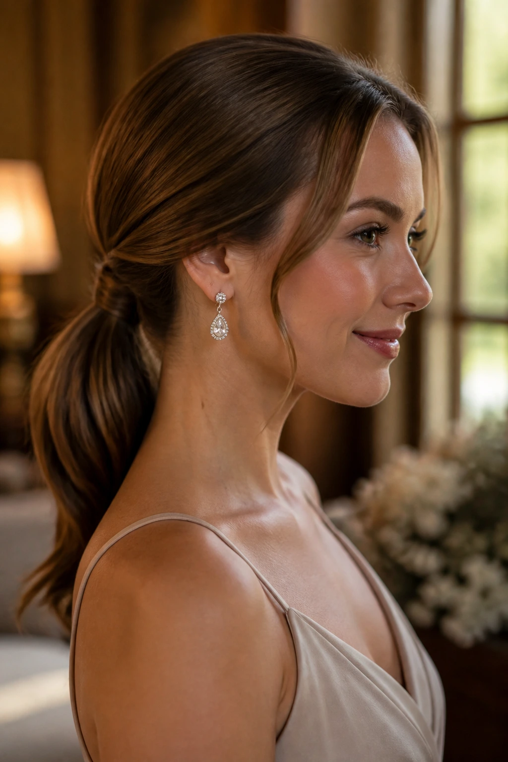 Real woman with a sleek, secure hairstyle that stays put throughout the event