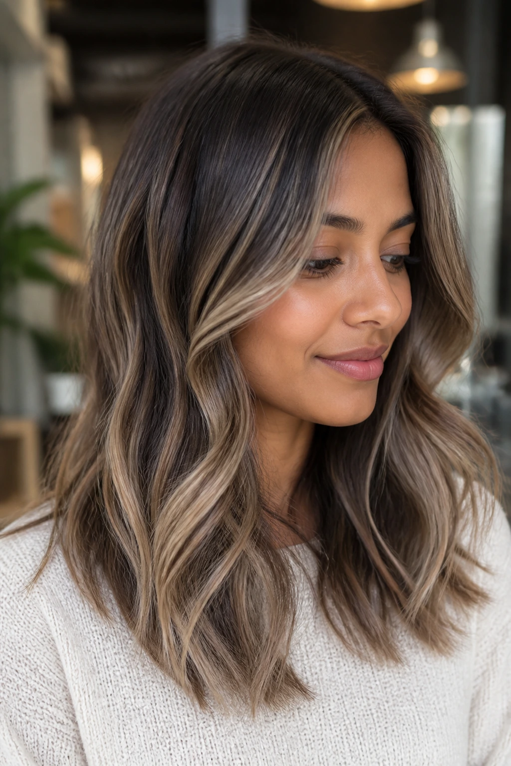 Close-up of a real woman with steel beige ribbon lights in the hair