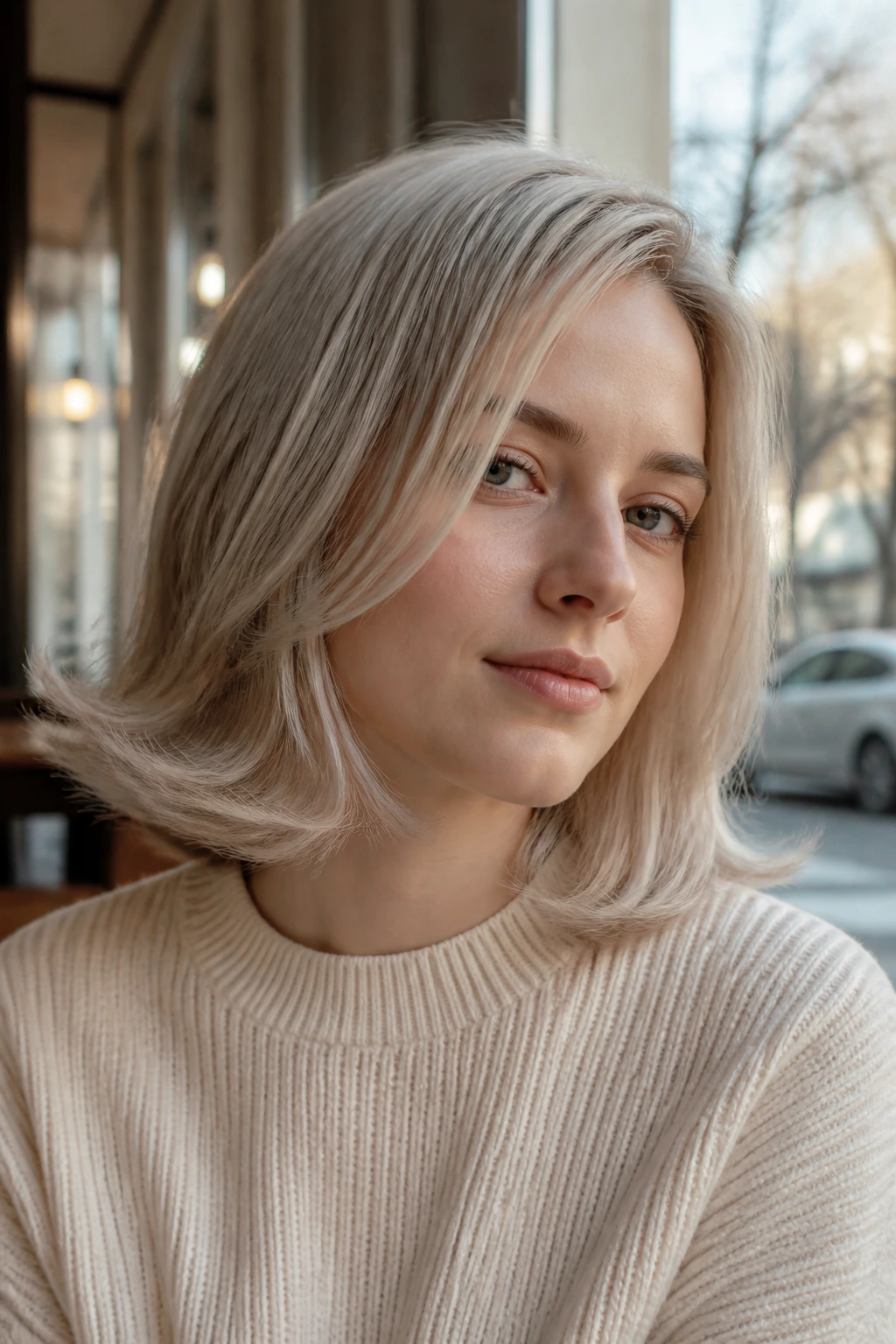 Close-up portrait of a real woman with a steel blonde lob and outward flipped ends in a cafe setting.