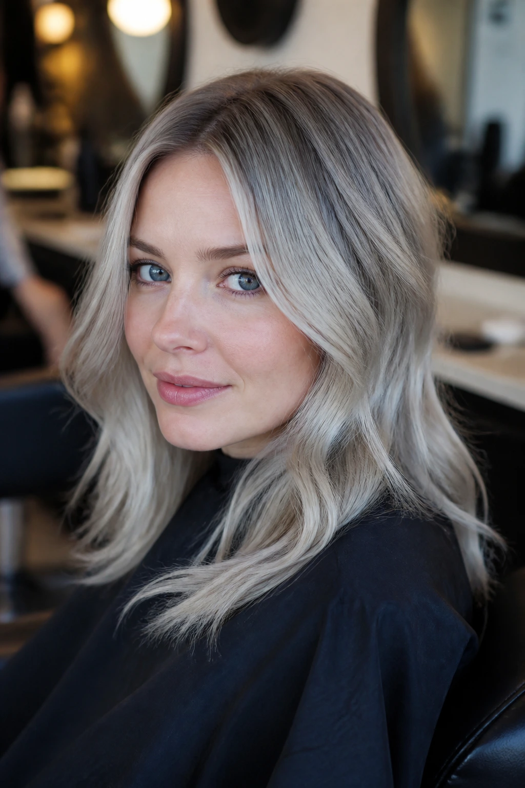 Portrait of a real woman in a salon chair with steel blonde color and root depth.
