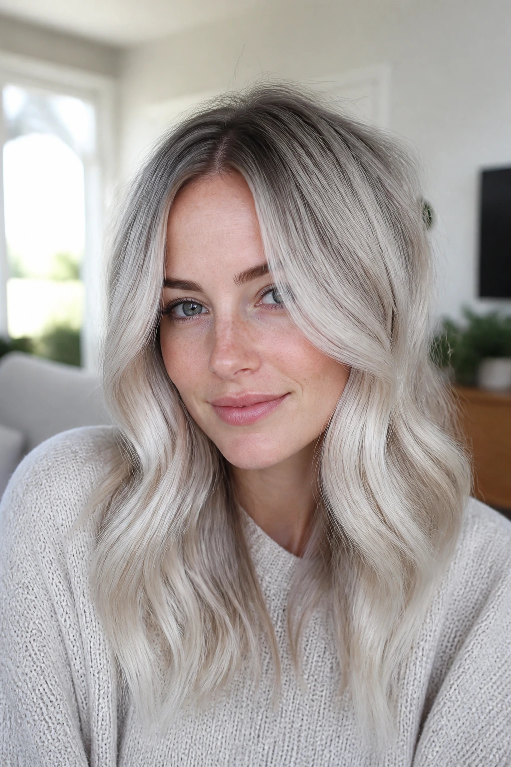 Portrait of a real woman with steel blonde soft waves and subtle root shadow.